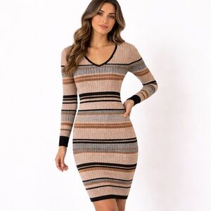 Lark + Grey Knit Bodycon Dress Striped V-Neck Chic Size S